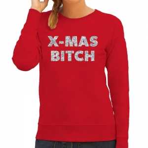 Foute kersttrui christmas bitch zilveren glitter letters rood dames