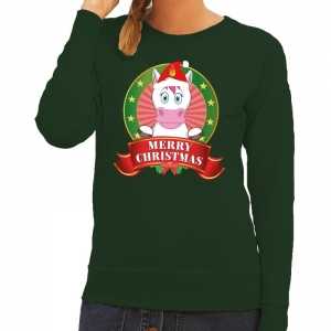 Foute kersttrui eenhoorn groen merry christmas voor dames
