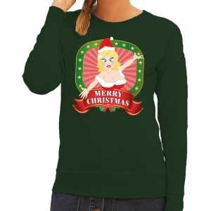 Foute kersttrui groen merry christmas kerstvrouw voor dames
