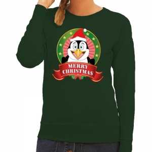 Foute kersttrui groen merry christmas pinguin voor dames