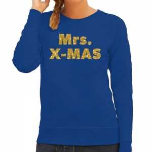 Foute kersttrui mrs. x-mas gouden glitter letters blauw dames