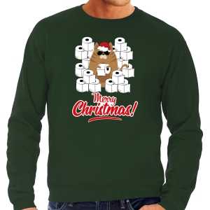Foute kersttrui / outfit met hamsterende kat merry christmas groen voor heren