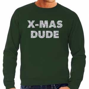 Foute kersttrui x-mas dude zilveren glitter letters groen heren