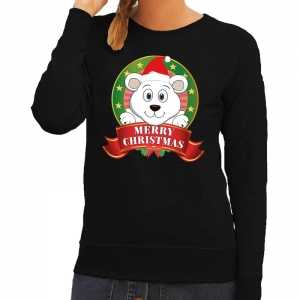 Foute kersttrui zwart merry christmas ijsbeer voor dames