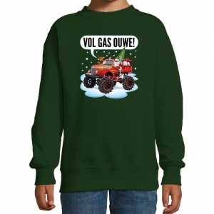 Foute stoere kersttrui / sweater vol gas ouwe monstertruck groen kids