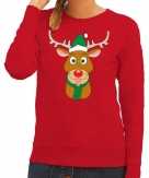 Foute kersttrui rendier rudolf met groene kerstmuts rood dames